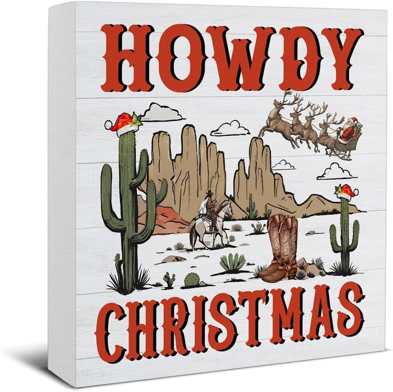 Zauly Western Christmas Decorations, Cowboy Decor Sign, Howdy Christmas Wood Sign Rustic Home Table Desk Decor (5 x 5 Inches) - Image 1